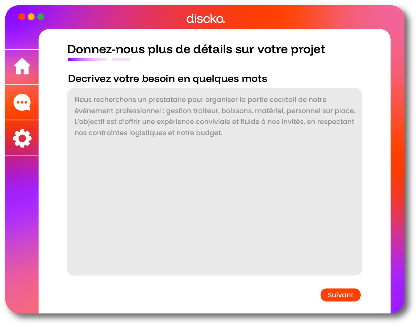 2. Le prospect décrit son projet (500 caractères max)